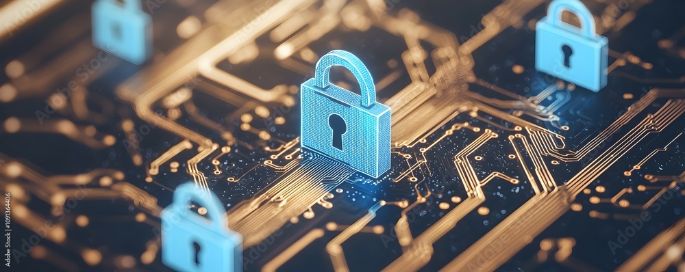 Poster intricate circuit board with illuminated gold pathways and padlock icons - cybersecurity focus in a 