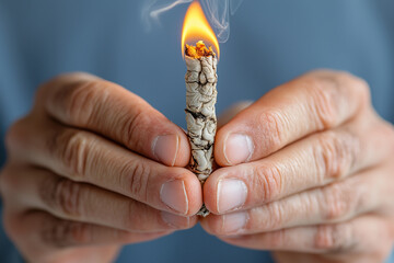 Close up of hands preparing moxa stick, lighting it with care and focus. warm glow and smoke create serene atmosphere, emphasizing rituals significance