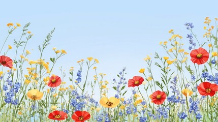 Vibrant wildflower border on a light blue background, perfect for spring or Easter greeting cards, featuring space for personalized messages.