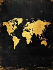 Naklejka premium Golden World Map on Black Textured Background - Elegant gold world map design on a black textured background. Symbolizing luxury, travel, exploration, global connection, and adventure.