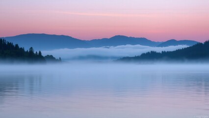 Obraz premium Serene Sunrise Over Misty Mountains Reflected in Calm Lake Water, Perfect for Wall Art or Desktop Background