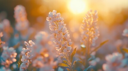 Fototapeta premium White flowers blooming in a field at sunset.