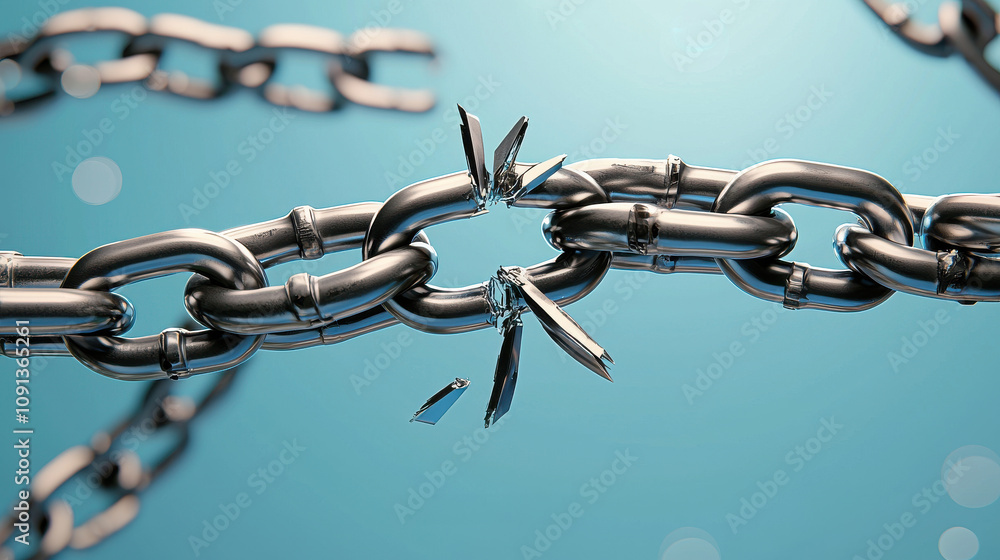Poster 3d render of broken chain with one missing link on blue background, symbolizing disruption and loss.