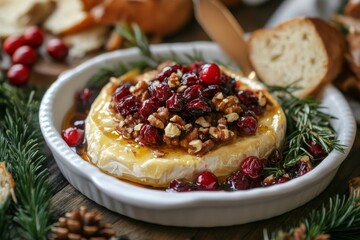 Gourmet Baked Brie with Cranberries and Walnuts - Holiday appetizer, baked brie topped with cranberry sauce, walnuts, rosemary. Festive, delicious, elegant.