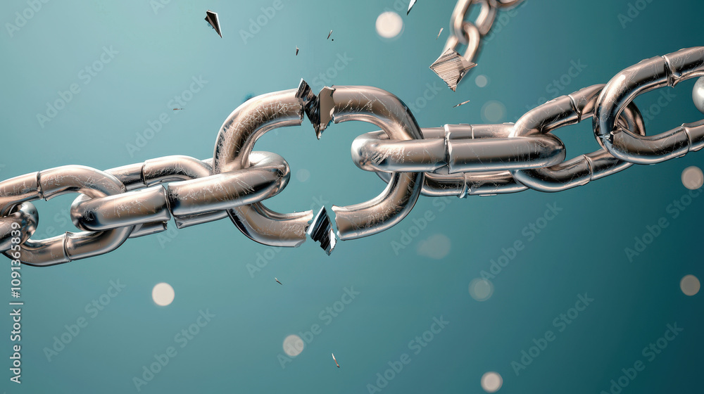 Poster 3d render of broken chain with one missing link on blue background, symbolizing disruption and loss.