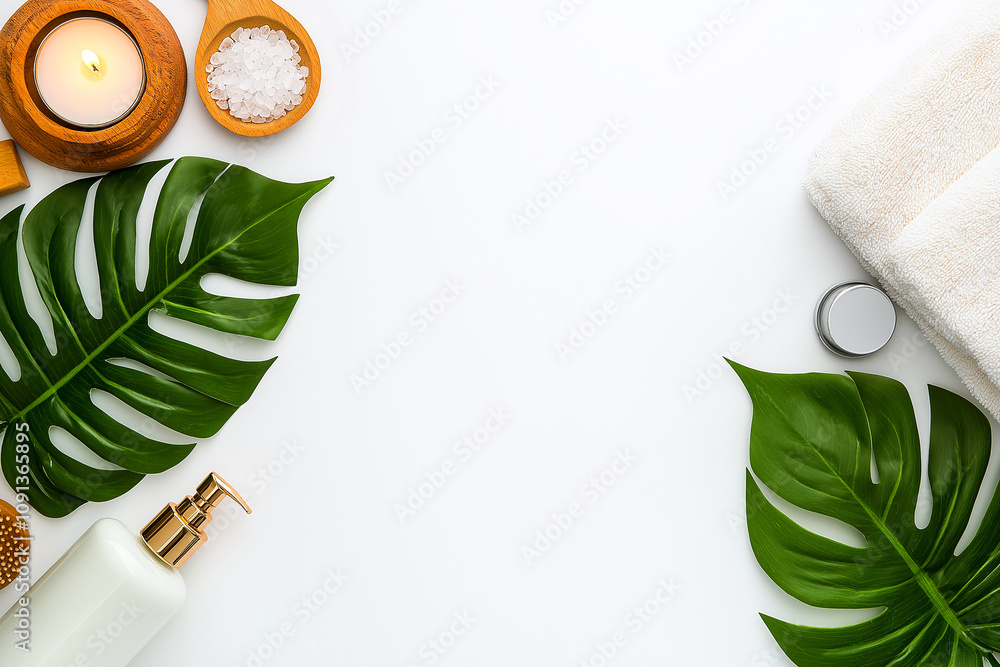 Poster flat lay of spa objects with green leaves on white background, creating serene and relaxing atmosphe