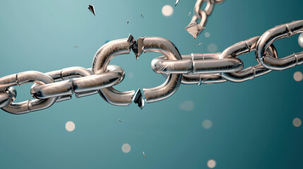 3D render of broken chain with one missing link on blue background, symbolizing disruption and loss. shiny metal links are fragmented, creating striking visual impact