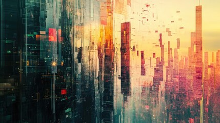 Obraz premium Futuristic cityscape depicting advanced wireless communication networks with 5G and LPWA technologies in an abstract mixed media design.