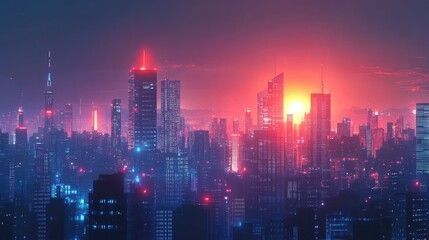 Obraz premium Futuristic city skyline at sunset, vibrant red and blue hues, glowing buildings.