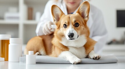 Friendly Corgi Receiving Care at Veterinary Clinic with Attention, Calm Environment, and Professional Staff Ensuring Pet Safety and Comfort During Checkup Session