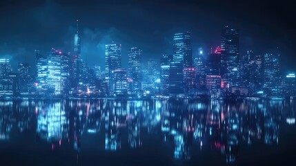 Obraz premium Futuristic city skyline at night reflected in water.