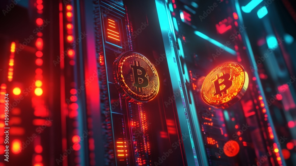 Fototapete Brightly lit server racks display bitcoin tokens amidst intricate circuitry, highlighting the advanced technology used in cryptocurrency mining.