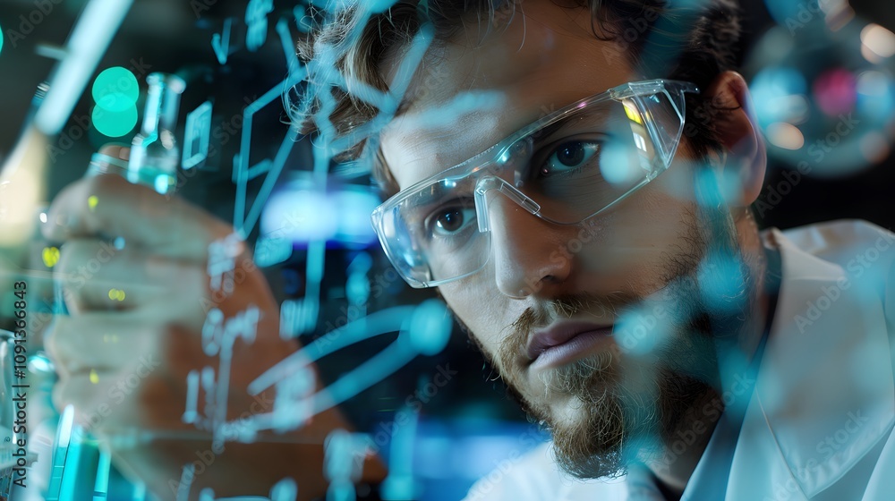 Poster scientist in laboratory analyzing data on glass screen with laboratory equipment and chemical bottle