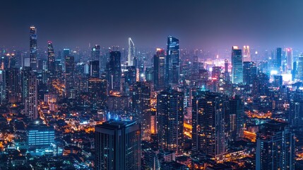 Obraz premium Night cityscape panorama with illuminated skyscrapers and city lights.