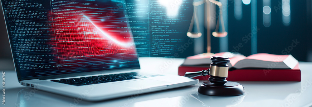 Poster laptop displaying code sits on desk with gavel and open book, symbolizing digital law
