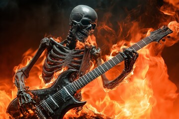 Fototapeta premium A skeleton is playing a guitar in a fiery scene. Concept of danger and excitement, as the skeleton is surrounded by flames while playing the instrument. The combination of the skeleton