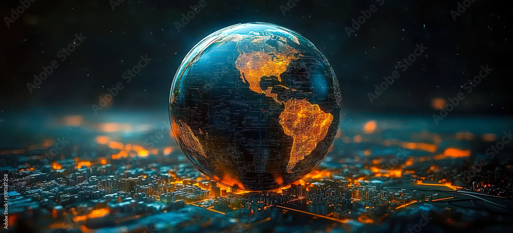 Poster digital globe visualization with real-time city data and dynamic weather patterns