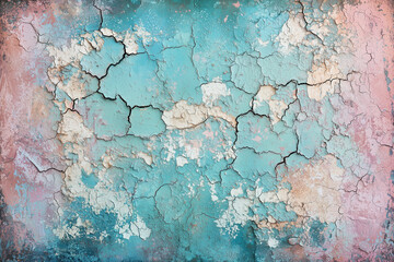 Obraz premium Cracked paint texture with an aged, weathered look, showcasing blend of turquoise and pastel colors. This image evokes sense of nostalgia and decay