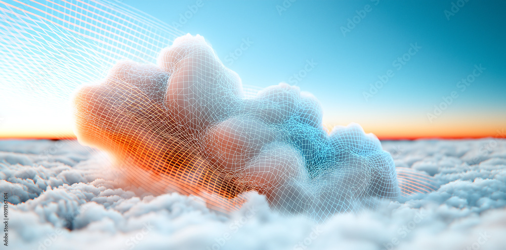 Poster 3d rendering of cloud network with city background, showcasing digital mesh overlay on fluffy clouds