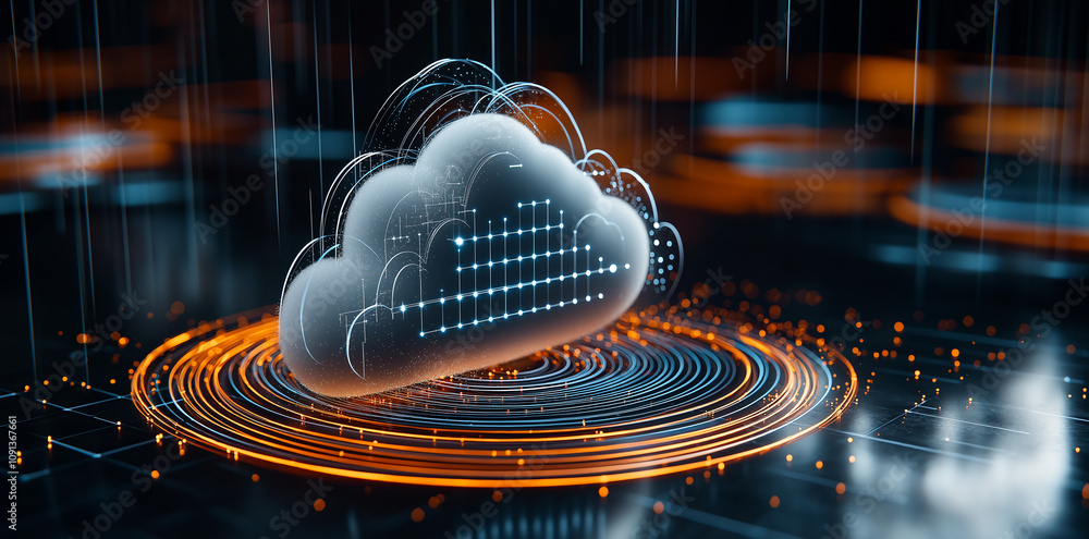Poster 3d rendering of cloud network with city background, showcasing digital connectivity and futuristic t