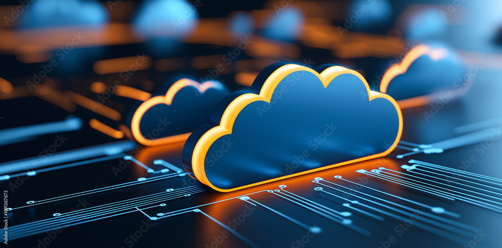 Aufkleber 3d rendering of cloud network with city background, showcasing digital connectivity and futuristic t