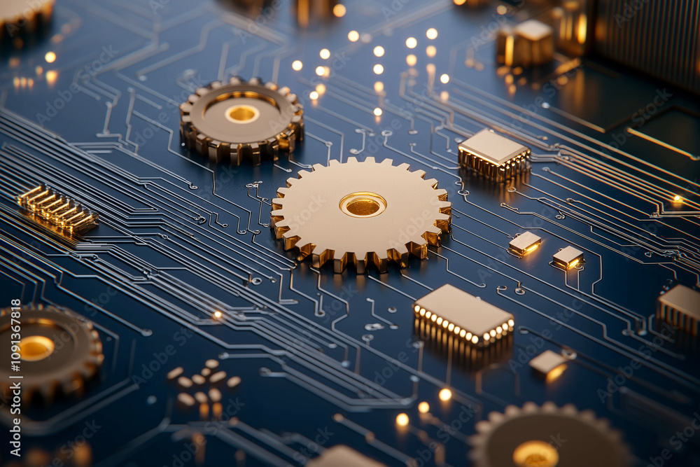 Poster golden gears on blue circuit board symbolize technology and innovation. intricate design highlights 