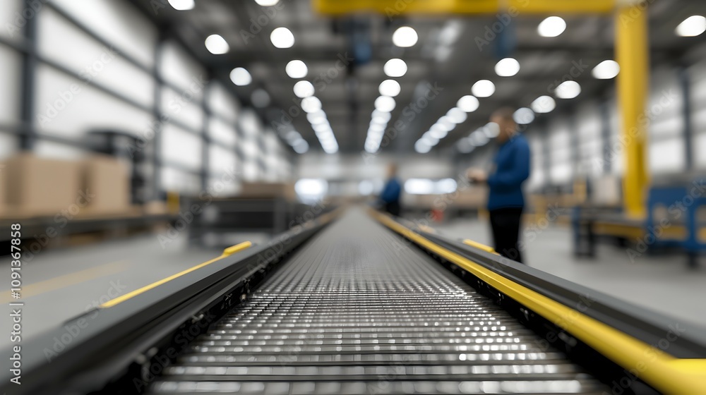 Poster high-efficiency conveyor line in modern factory - advanced sensors and workers overseeing product mo