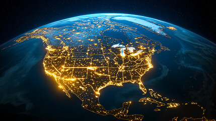 Fototapeta premium 3D rendering of North America from space shows illuminated city lights, highlighting continent urban areas against dark backdrop. image captures vibrant energy of region