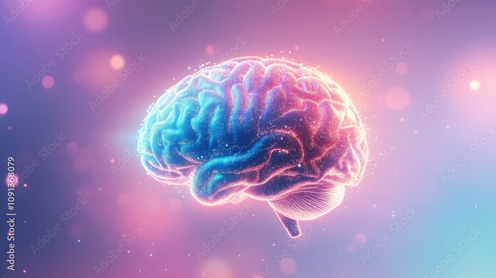 Poster holographic brain illustration glowing in vibrant colors against a soft, blurred background with amp