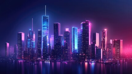 Fototapeta premium Futuristic city skyline at night, illuminated with vibrant neon lights reflecting on calm water.