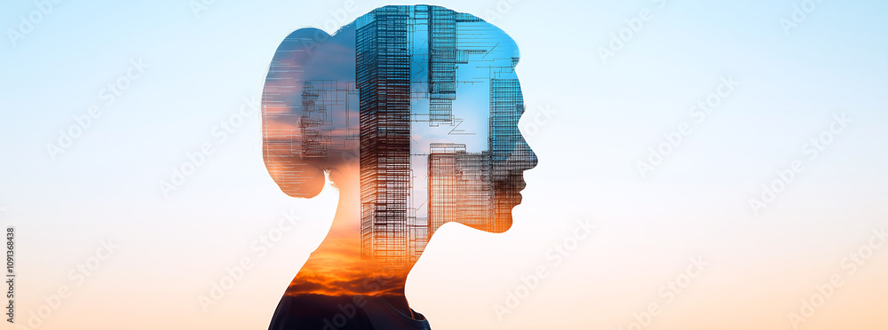 Poster double exposure image of woman silhouette with cityscape and sunset, symbolizing urban life and intr