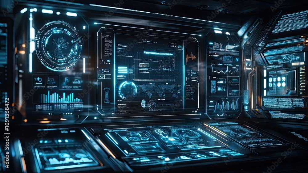 Poster futuristic control room with glowing digital displays showing data and graphs.