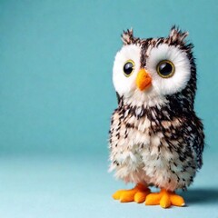 Obraz premium A fluffy toy owl with large embroidered eyes and soft, textured feathers, detailed in a realistic photo, isolated on a pale blue background.