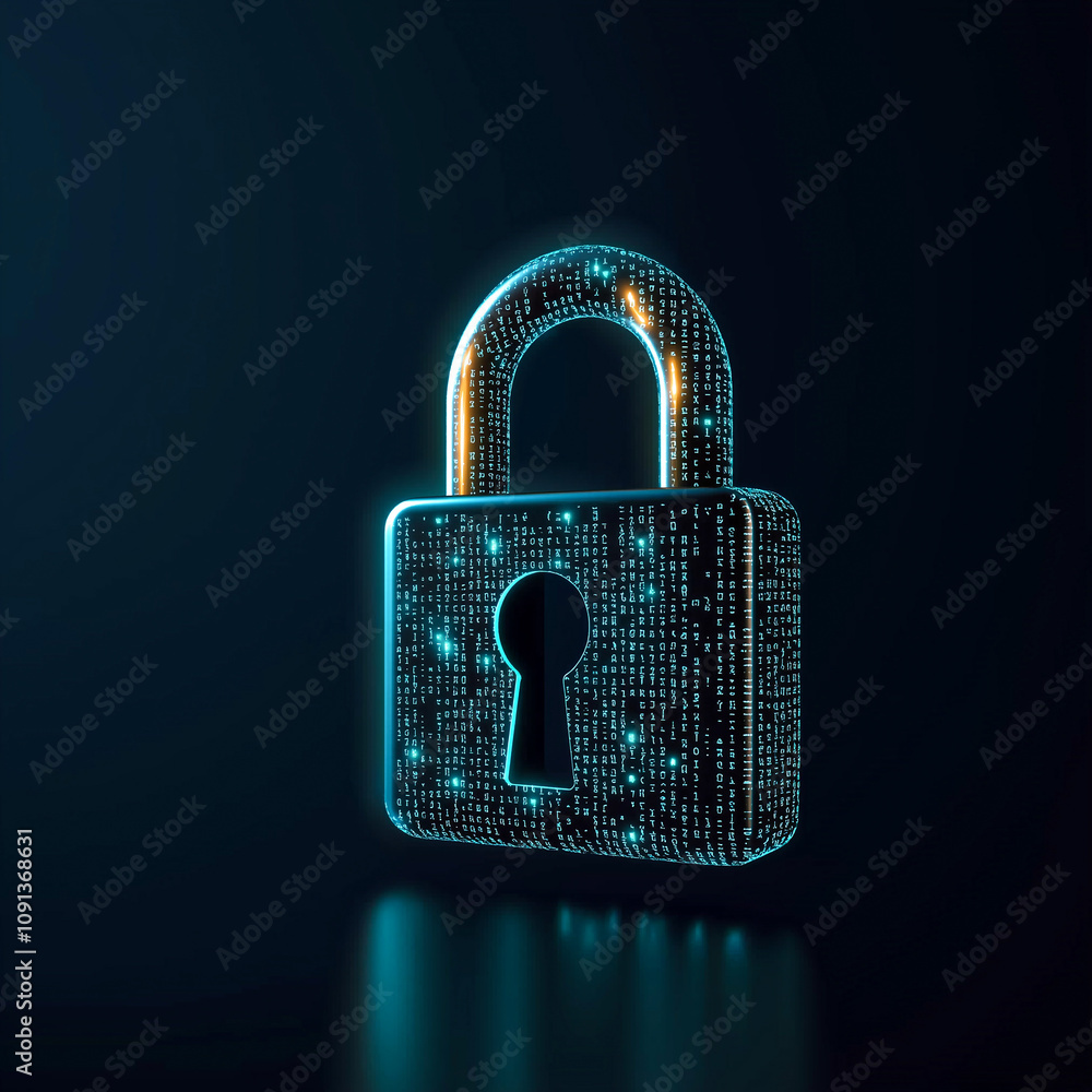 Poster glowing padlock icon surrounded by digital numbers symbolizes cybersecurity and data protection. fut