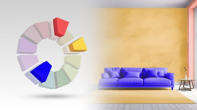 Split complementary color scheme of yellow orange,blue,red orange for living interior