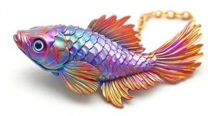 Fototapeta premium Vibrant Iridescent Fish-Shaped Pendant Necklace with Intricate Scales and Colorful Fins on a Clean White Background