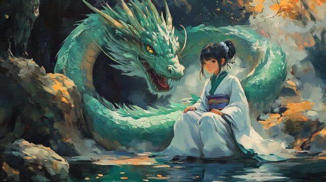 A Japanese girl sits peacefully with a dragon in a mystical forest.