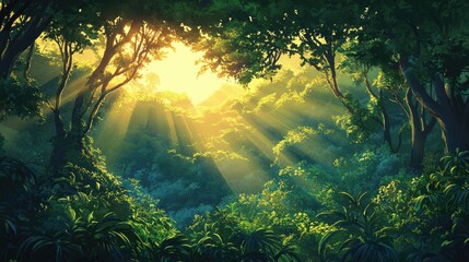 Obraz premium Sunlight streams through a vibrant green forest canopy, illuminating the lush undergrowth and creating a serene, tranquil atmosphere.