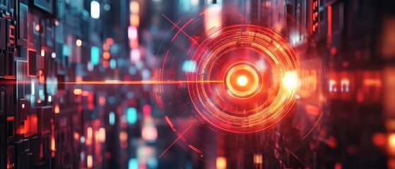 Futuristic digital interface with glowing red circles and data streams.