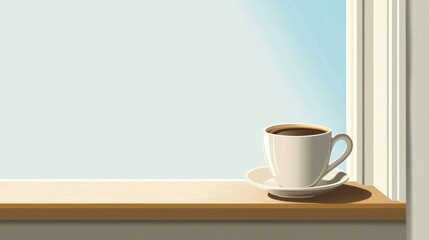 Obraz premium Elegant coffee cup resting on a window sill with clear blue sky backdrop, inviting ambiance and ample space for text addition.