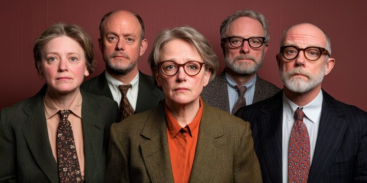 Five diverse individuals posing together in formal attire with serious expressions.