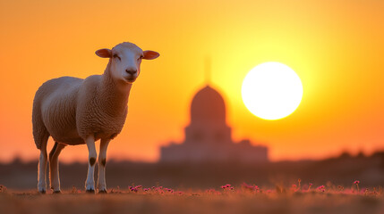 Fototapeta premium sheep stands in foreground with vibrant sunset and distant silhouette of building, creating serene and picturesque scene