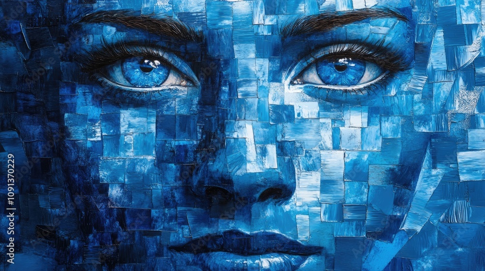 Poster abstract human face composed of blue shards symbolizing artificial intelligence and digital concepts