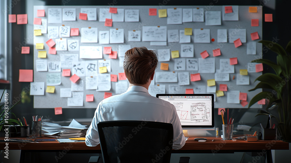 Poster man is working in office, focused on computer screen with sketches, surrounded by wall of sticky not