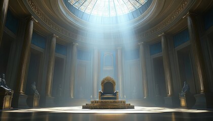 Obraz premium The throne stands out under a radiant glow in the hall.
