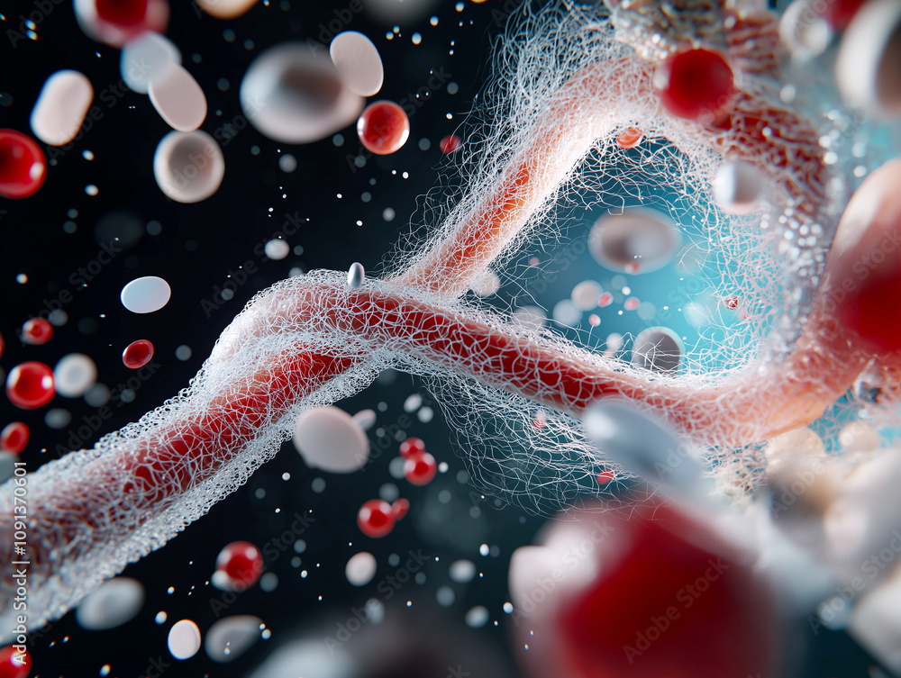 Poster abstract depiction of human cell structure with vibrant colors and intricate details, showcasing dyn