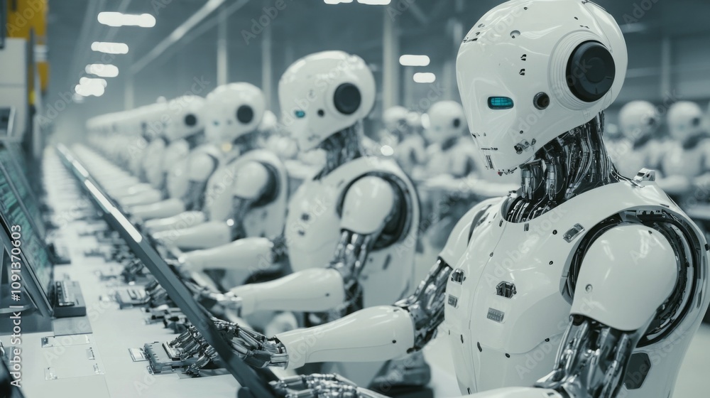 Leinwandbilder a row of advanced, humanoid robots is busily assembling products on an automated assembly line. the 