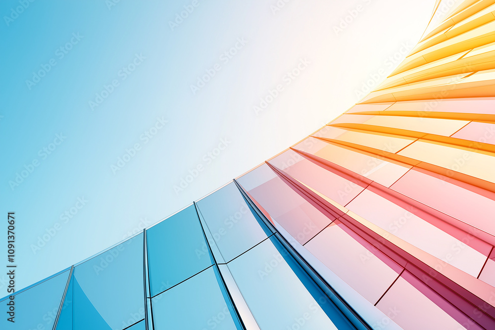 Poster colorful glass buildings curve against clear sky, creating vibrant abstract background. gradient of 