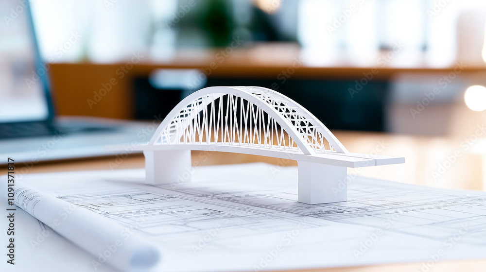 Poster detailed paper model of bridge sits on architectural blueprints in bright office, showcasing intrica