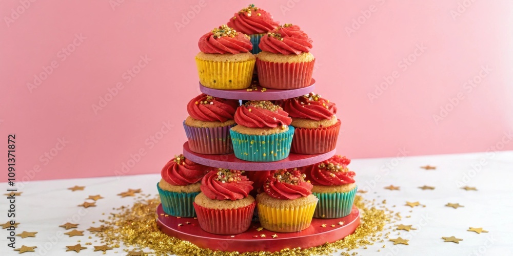 Poster cupcake tower with icing ss a colorful tower of cupcakes each frosted with red icing and topped with